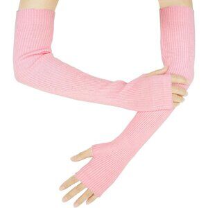 Women's Pink Soft Cozy Arm Warmers Fingerless Knitted Long Gloves Winter